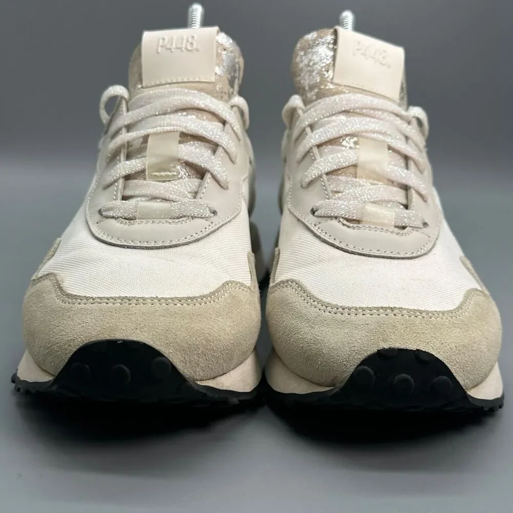 P448 Cancun Low Top Sneakers Womens EUR 38 US 7.5 Beige White Sparkle Lace Shoes